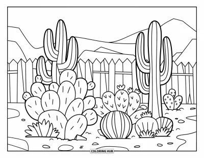 Disegno del West da colorare per bambini: Un giardino di cactus cresce dietro un recinto in un paesaggio western