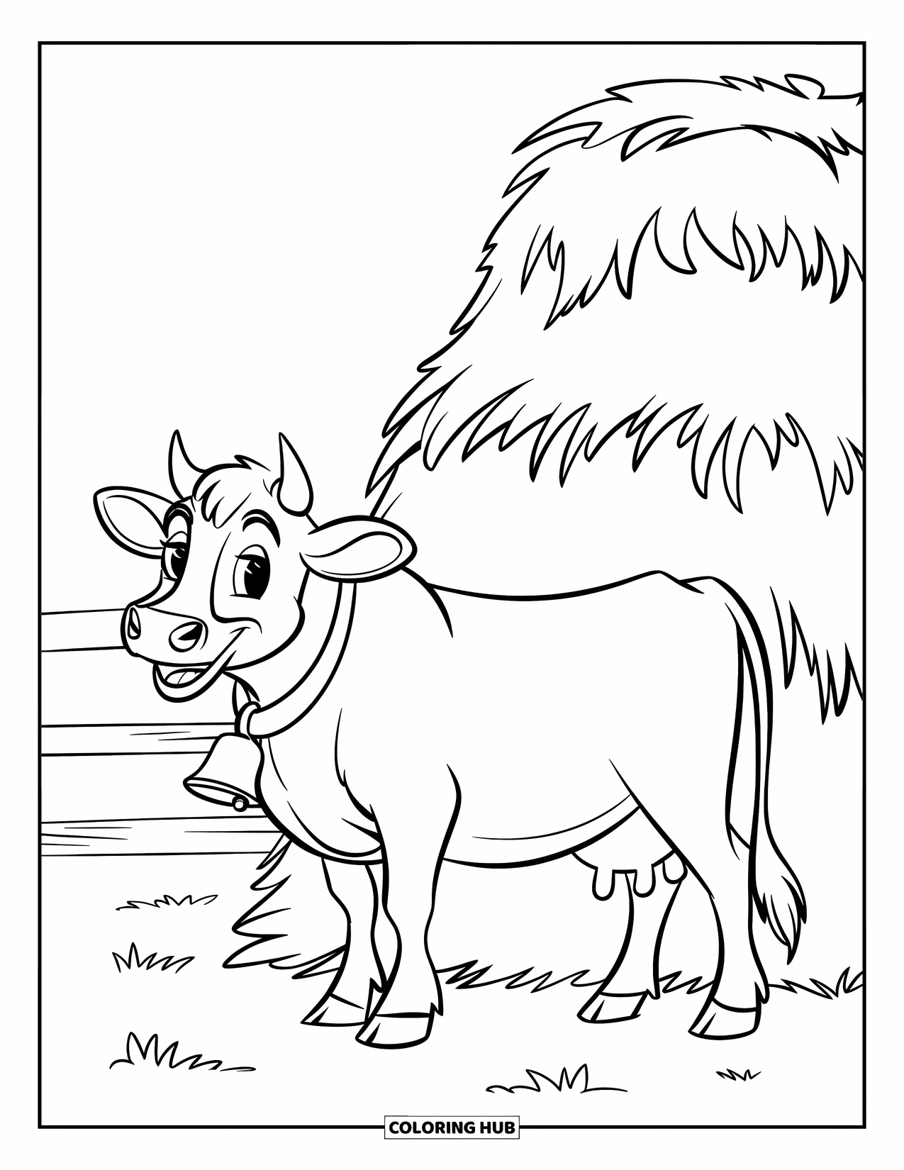 Western Country Coloring Page for Kids: A cheerful cow stands beside a haystack in a grassy farm field