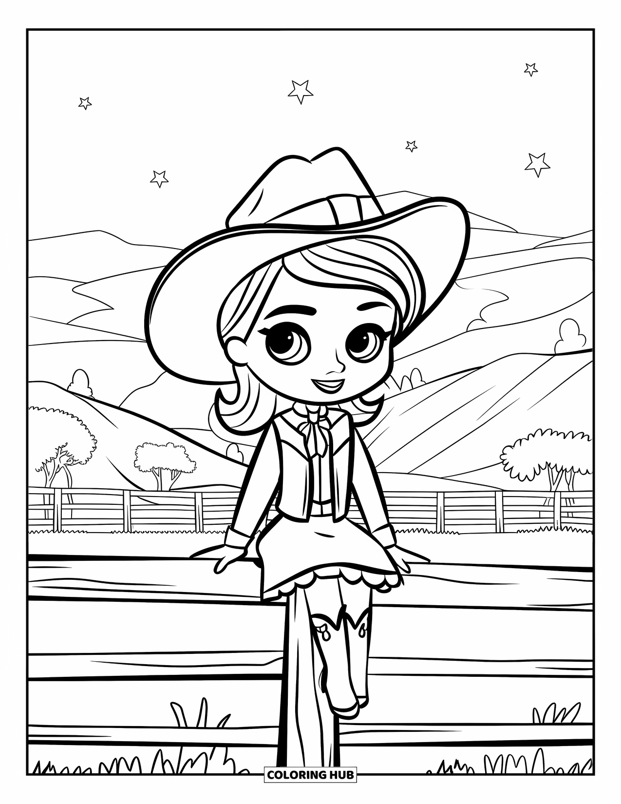 Western Country Coloring Page for Kids: A cheerful cowgirl sits on a fence with trees and stars in the sky