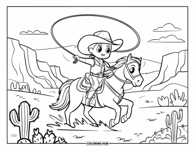 Disegno del West da colorare per bambini: Un cowboy in stile chibi cavalca su un terreno roccioso con le montagne in lontananza