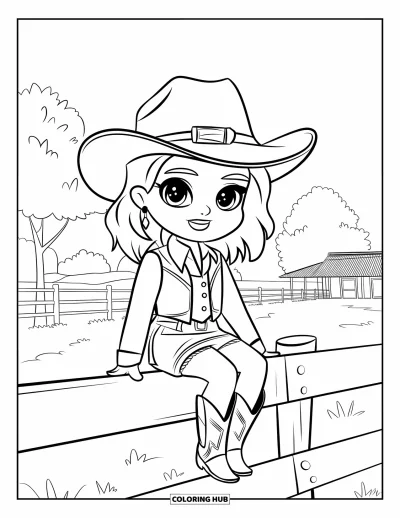 Disegno del West da colorare per bambini: Una cowgirl in stile chibi siede su un recinto con alberi ed edifici intorno