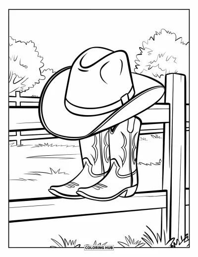 Disegno del West da colorare per bambini: Un cappello da cowboy e degli stivali riposano su un recinto di legno sotto il cielo aperto