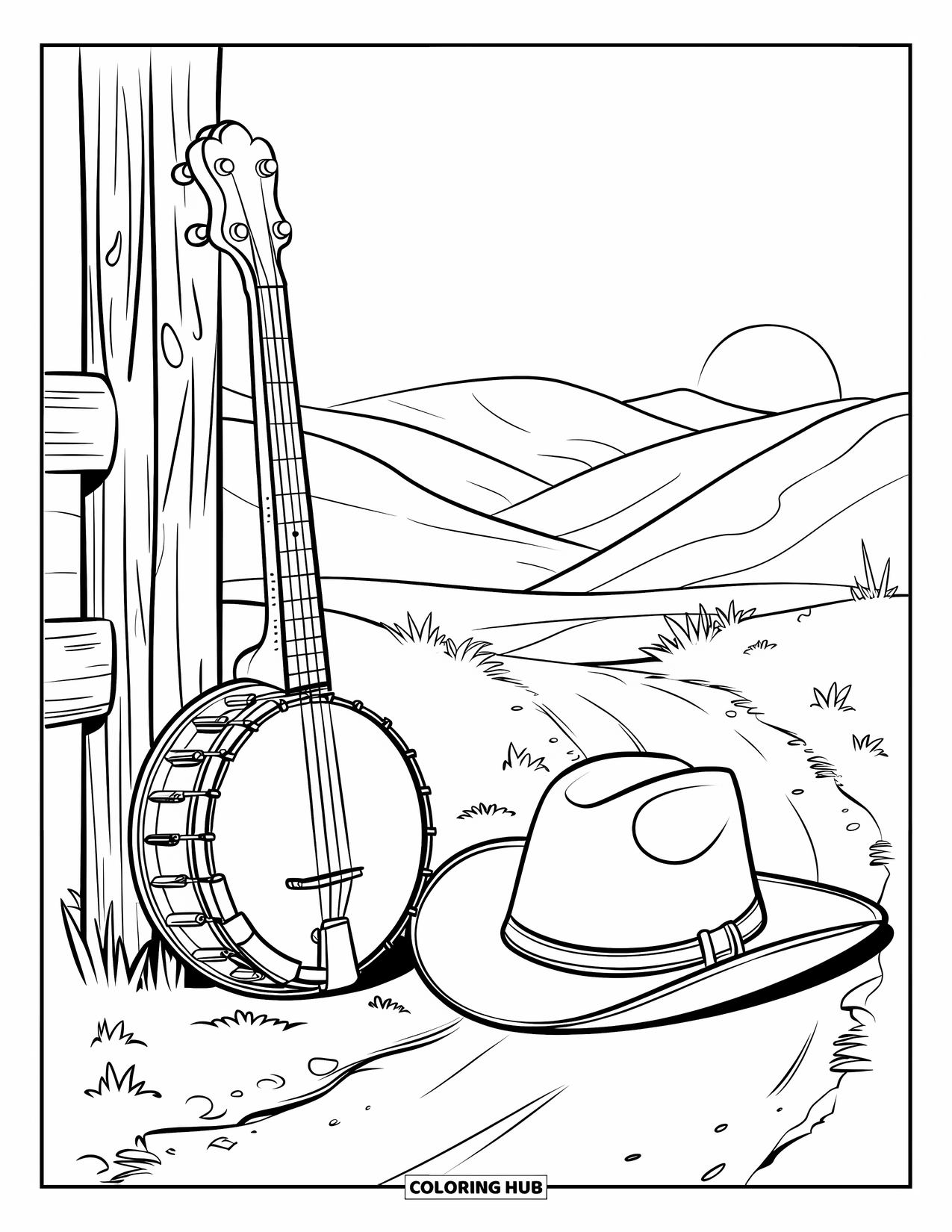Western Country Coloring Page for Kids: A cowboy hat lies on the ground next to a banjo near sunset