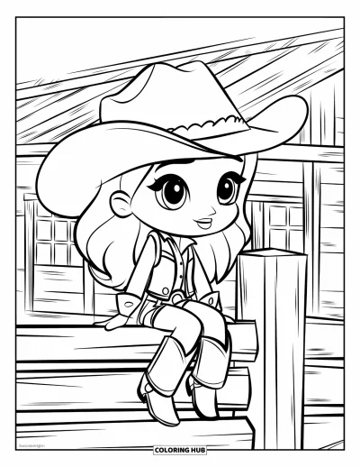 Disegno del West da colorare per bambini: Una cowgirl con un gilet si appoggia a un palo di legno vicino a una baracca rustica