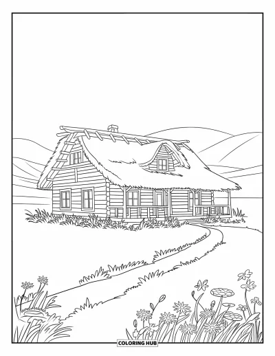 Disegno del West da colorare per bambini: Un ranch di legno dal sapore rustico si trova vicino a fiori e dolci colline