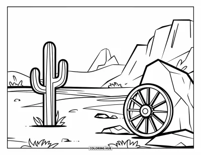 Disegno del West da colorare per bambini: Un deserto pianeggiante ospita un cactus e una ruota di carro davanti a vedute di montagna