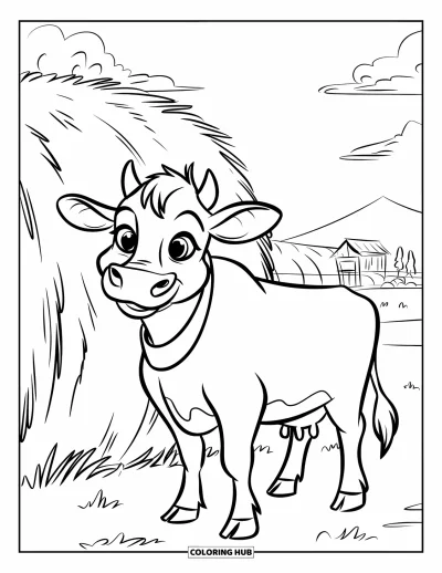 Disegno del West da colorare per bambini: Una mucca simpatica con un campanellino sta vicino al fieno e agli alberi al sole