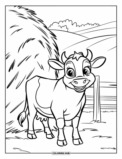 Disegno del West da colorare per bambini: Una mucca felice dagli occhi grandi sta vicino a un pagliaio e un recinto di legno