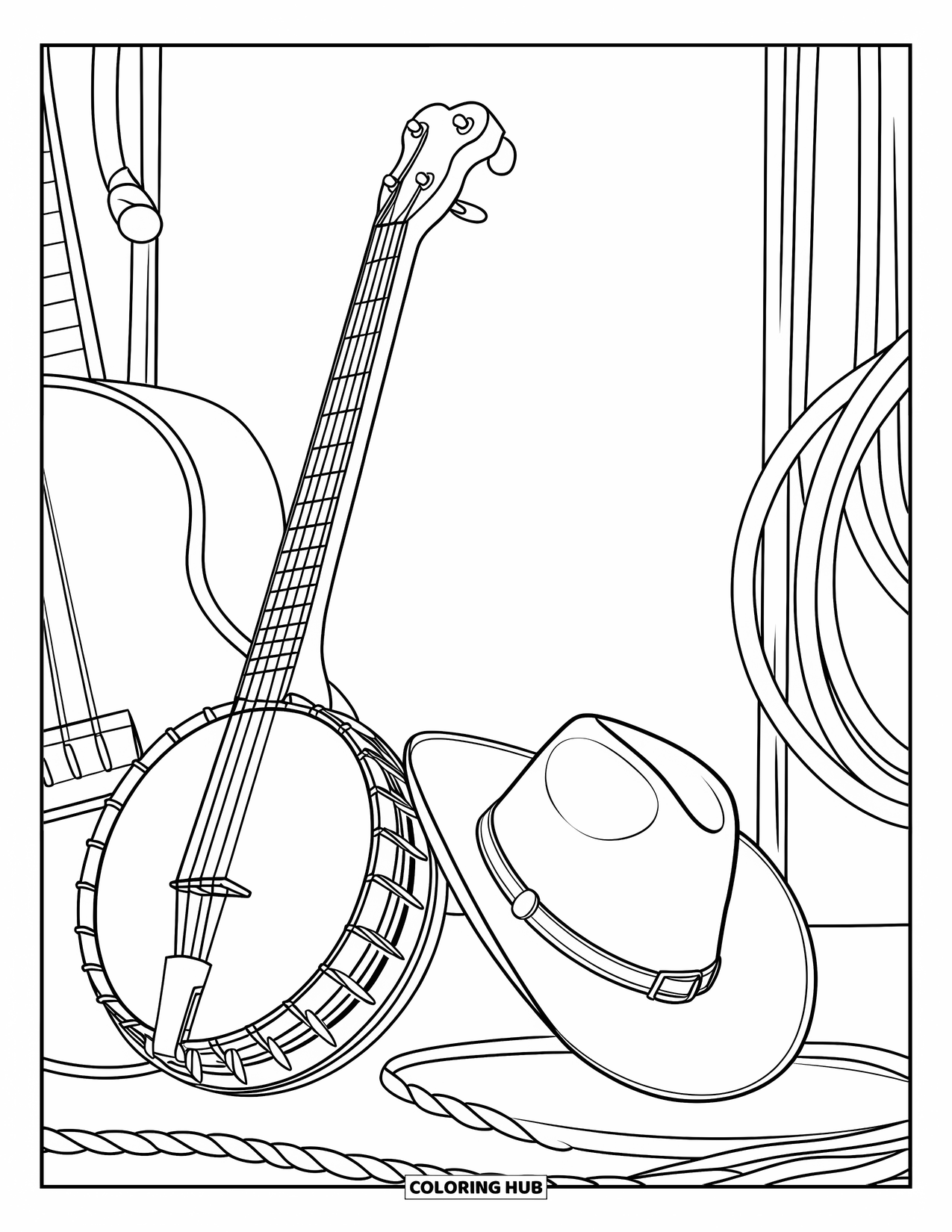 Western Country Coloring Page for Kids: A hat and banjo rest together with a rope and lasso in view