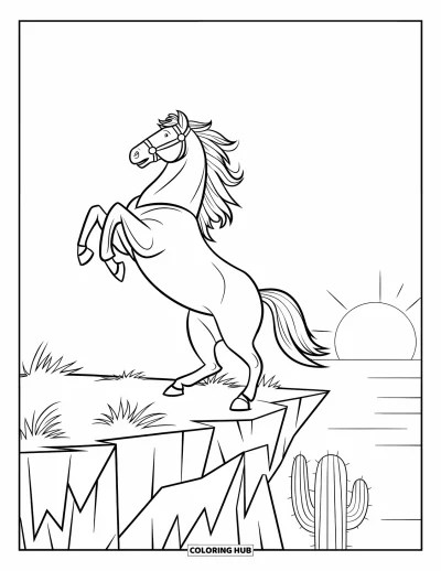 Disegno del West da colorare per bambini: Un cavallo si impenna vicino a un cactus mentre il sole tramonta sullo sfondo