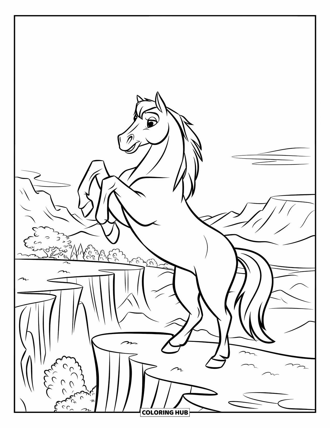 Western Country Coloring Page for Kids: A horse rears up on rocky terrain under a clear sky