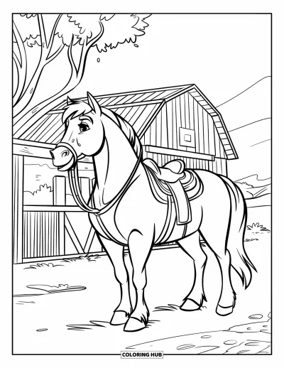 Disegno del West da colorare per bambini: Un cavallo sellato si trova vicino a un fienile e ad alcuni alberi