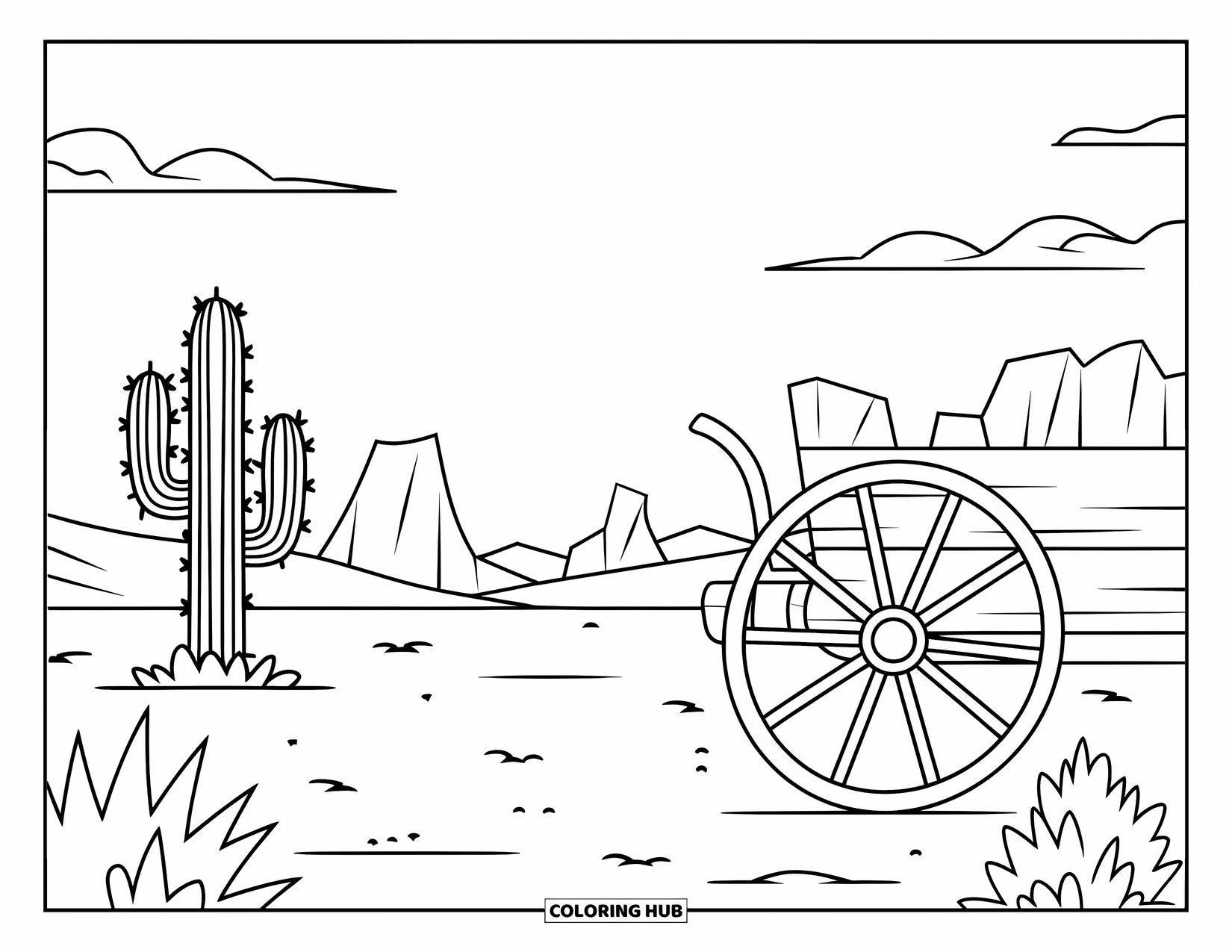Western Country Coloring Page for Kids: A large cactus and old wagon wheel sit near distant cliffs