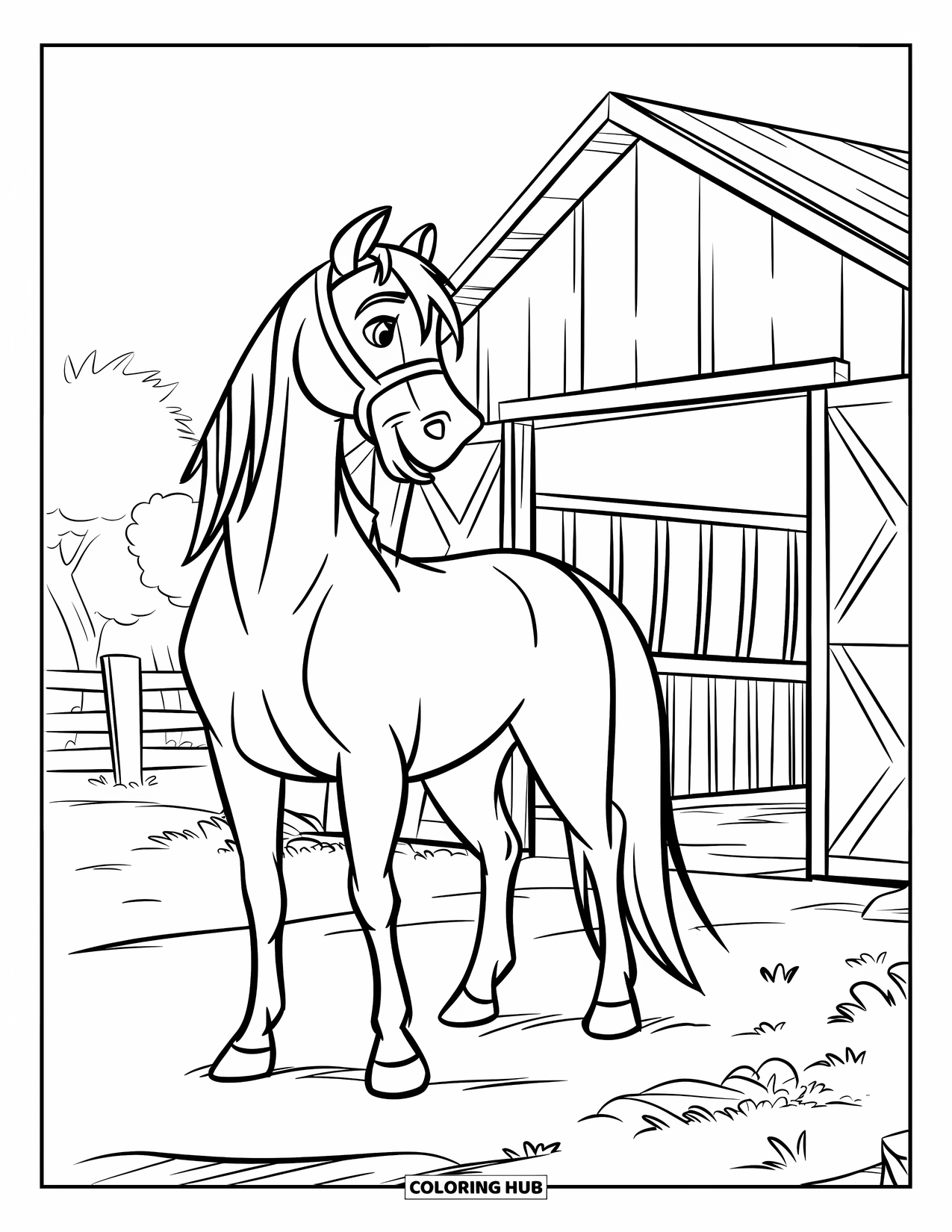 Western Country Coloring Page for Kids: A large horse waits by an open barn door with a few trees nearby