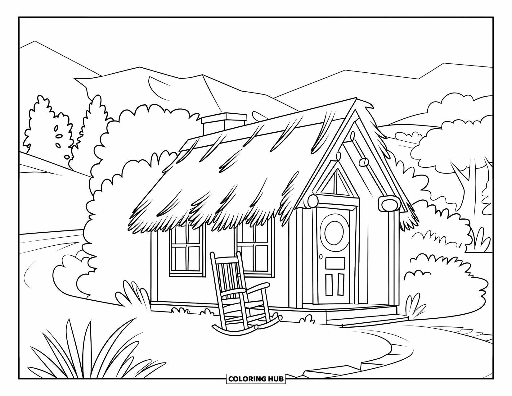 Western Country Coloring Page for Kids: A peaceful cabin with a rocking chair sits under trees and sky