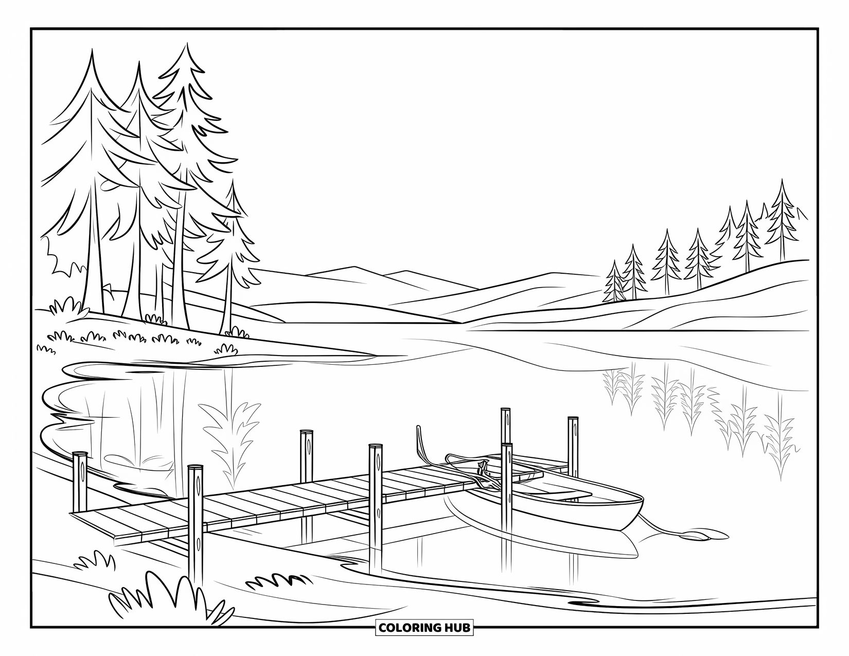 Western Country Coloring Page for Kids: A quiet lake reflects trees and mountains beside a wooden dock and boat