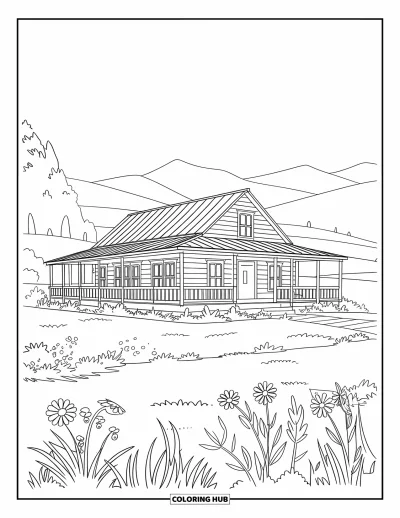 Disegno del West da colorare per bambini: Un ranch dal tetto rosso si staglia tra fiori di campo e montagne
