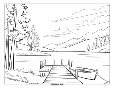 Disegno del West da colorare per bambini: Una barca a remi galleggia al molo di un lago calmo tra alberi e montagne