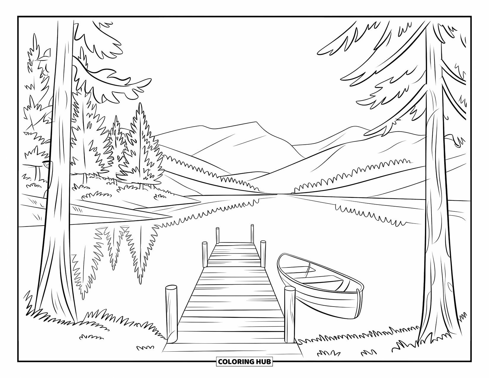 Western Country Coloring Page for Kids: A rowboat rests at the dock of a calm lake surrounded by pines