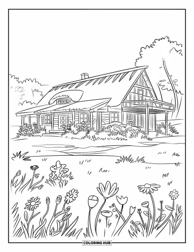 Disegno del West da colorare per bambini: Un ranch rustico è circondato da fiori di campo in piena fioritura