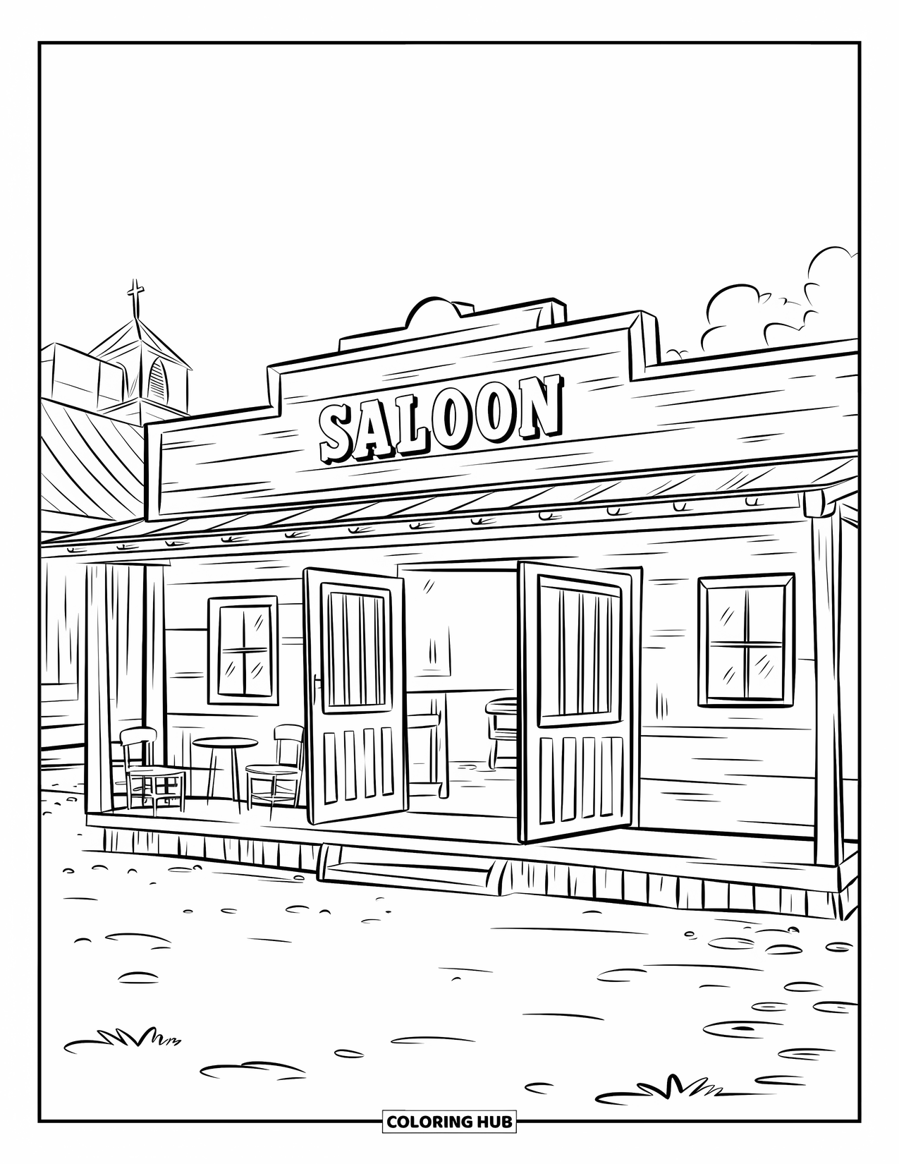 Western Country Coloring Page for Kids: A saloon with swinging doors sits on a busy western town street