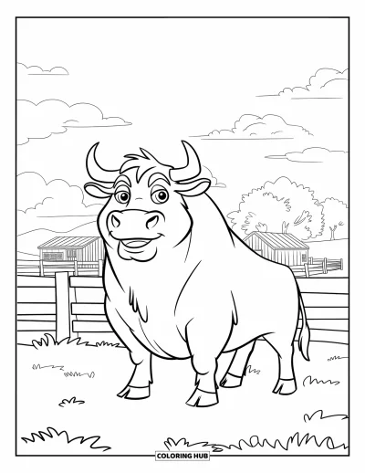 Disegno del West da colorare per bambini: Un toro sorridente sta vicino al recinto con degli edifici sullo sfondo