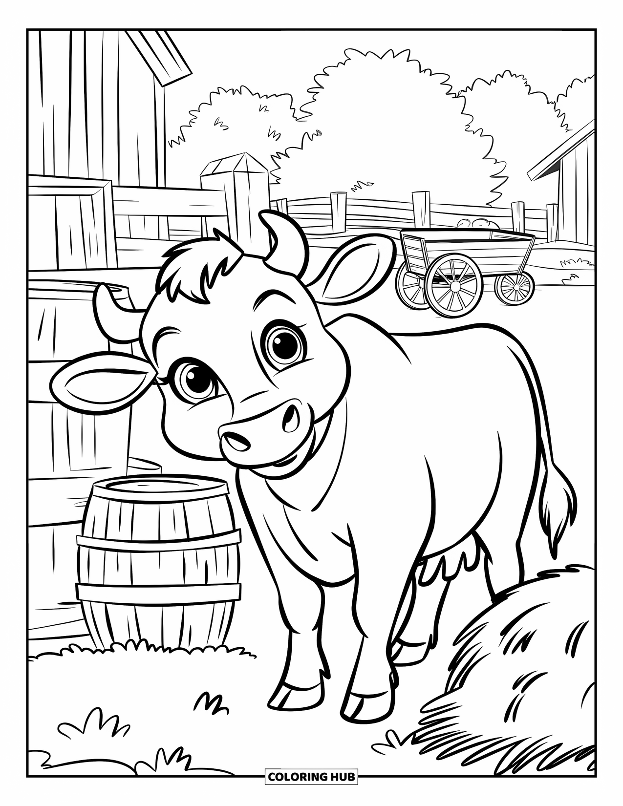Western Country Coloring Page for Kids: A smiling cow stands on a farm with barrels and a red barn