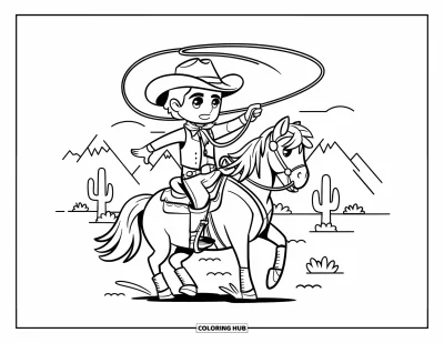 Disegno del West da colorare per bambini: Un cowboy sorridente galoppa per la campagna con il lasso in aria