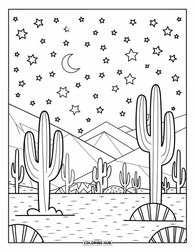 Disegno del West da colorare per bambini: Un cielo stellato nel deserto brilla sopra le sagome di cactus e montagne