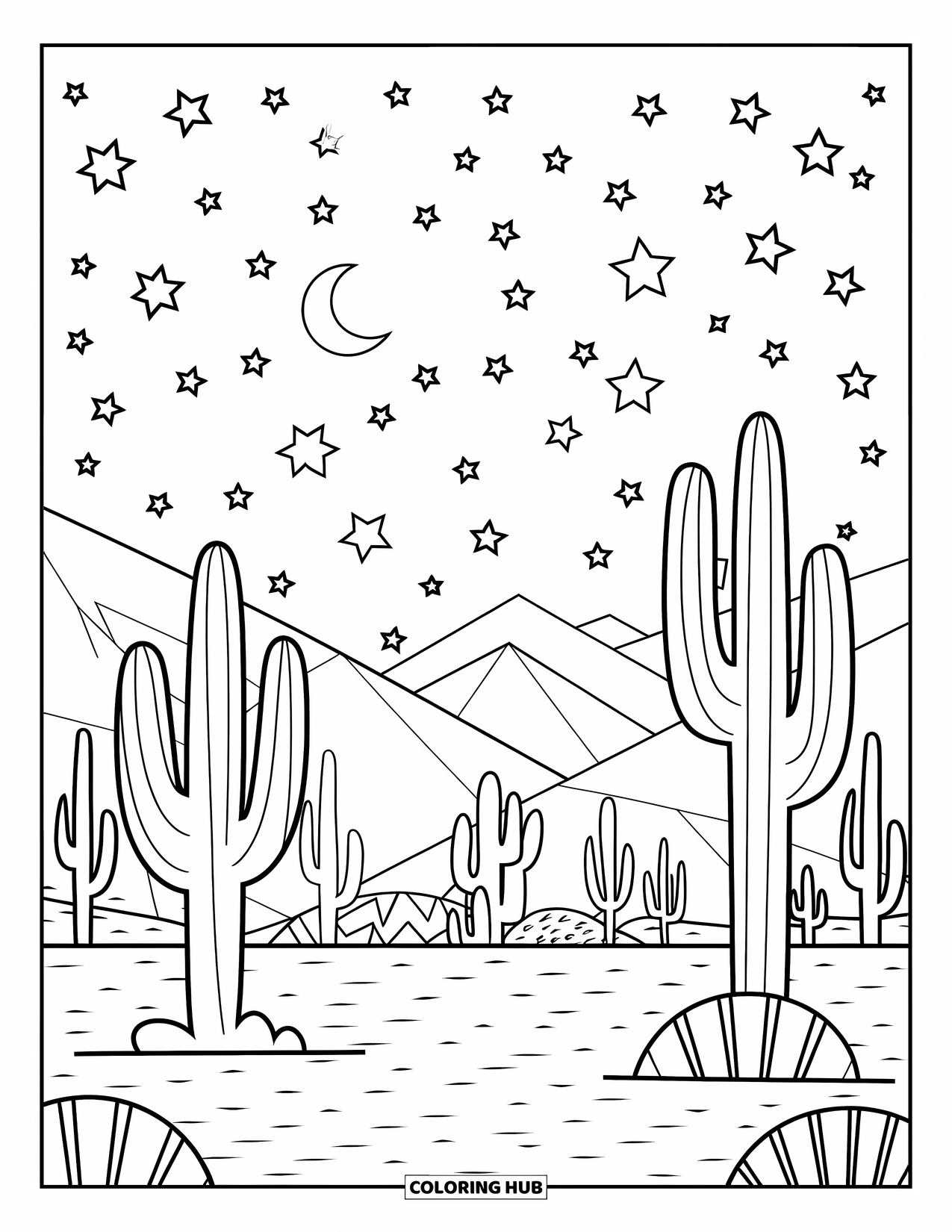 Western Country Coloring Page for Kids: A starry desert sky shines over silhouetted cacti and mountains