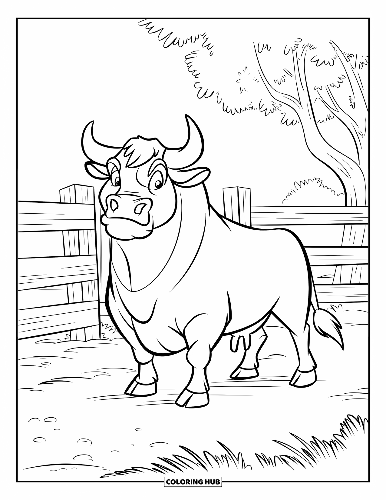 Western Country Coloring Page for Kids: A strong bull stands in a fenced ranch near a lone tree