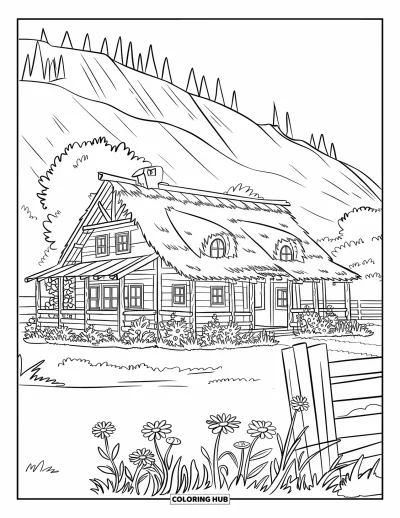 Disegno del West da colorare per bambini: Una casa di legno con il tetto di paglia si trova accanto a un recinto e dei fiori