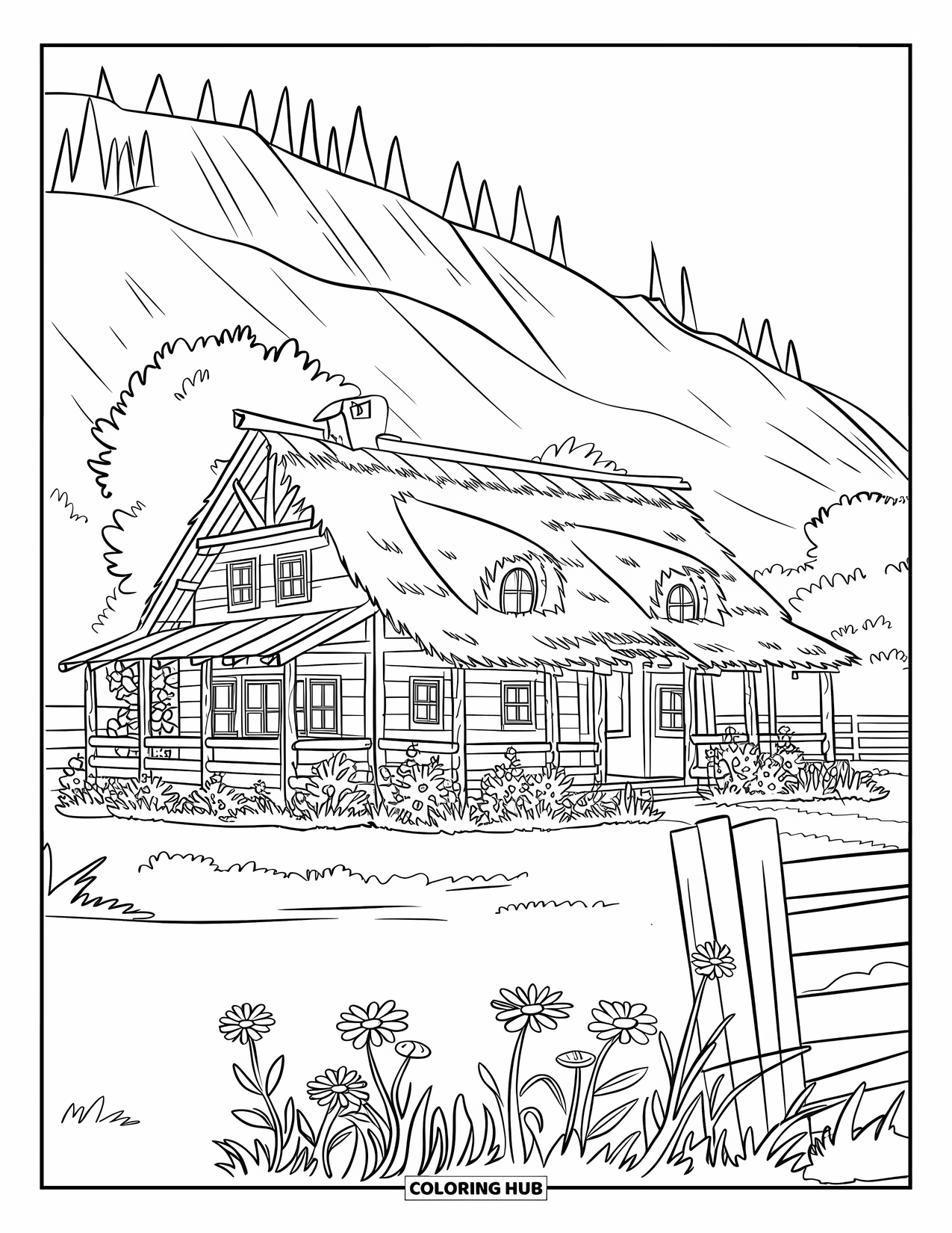 Western Country Coloring Page for Kids: A wooden house with a thatched roof sits beside a fence and flowers