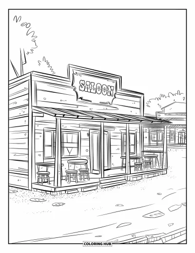 Disegno del West da colorare per bambini: Un saloon di legno con tavoli all'esterno si trova accanto ad altri piccoli edifici