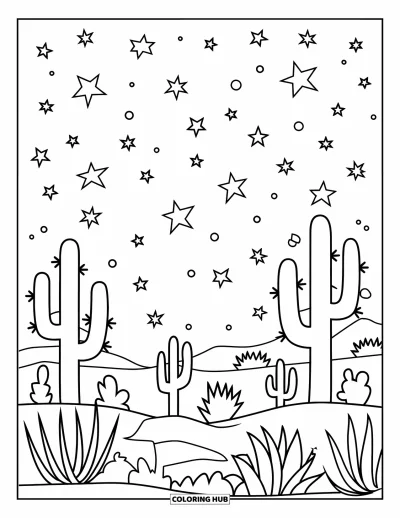 Disegno del West da colorare per bambini: Cactus e stelle riempiono il deserto sotto un cielo vastissimo