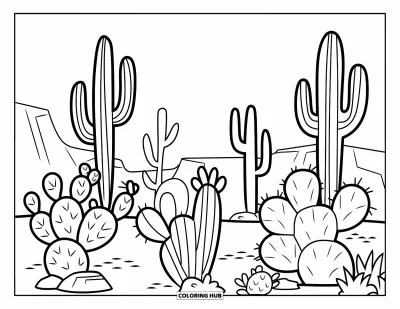 Disegno del West da colorare per bambini: Cactus di ogni forma riempiono un soleggiato giardino desertico