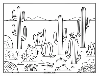 Disegno del West da colorare per bambini: Animali del deserto si nascondono tra diversi cactus sotto il sole del West