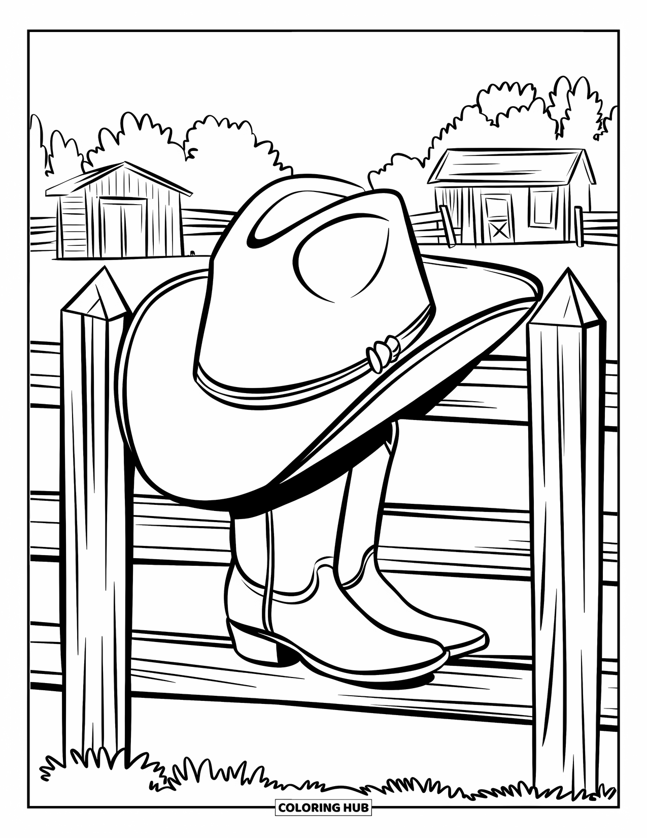 Western Country Coloring Page for Kids: Hat and boots rest on a fence near western buildings and trees