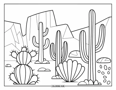 Disegno del West da colorare per bambini: Cactus alti e tondi crescono nel terreno sabbioso tra rocce e sabbia