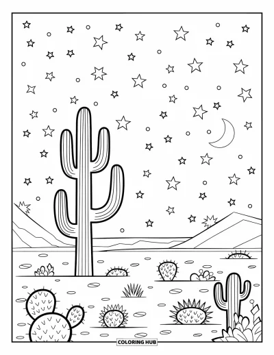 Disegno del West da colorare per bambini: Cactus alti e spinosi si stagliano sotto le stelle e una luna crescente