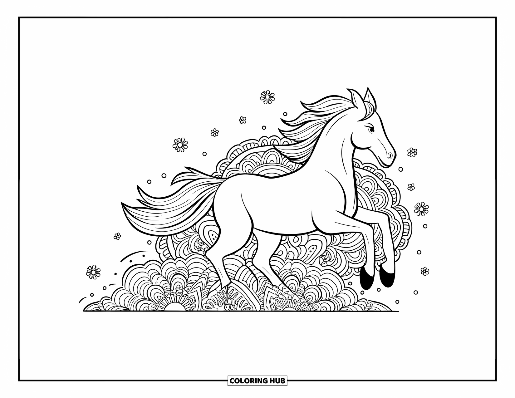 Western Horse Coloring Page for Adults: Galloping horse with swirling mandala dust clouds and floral details