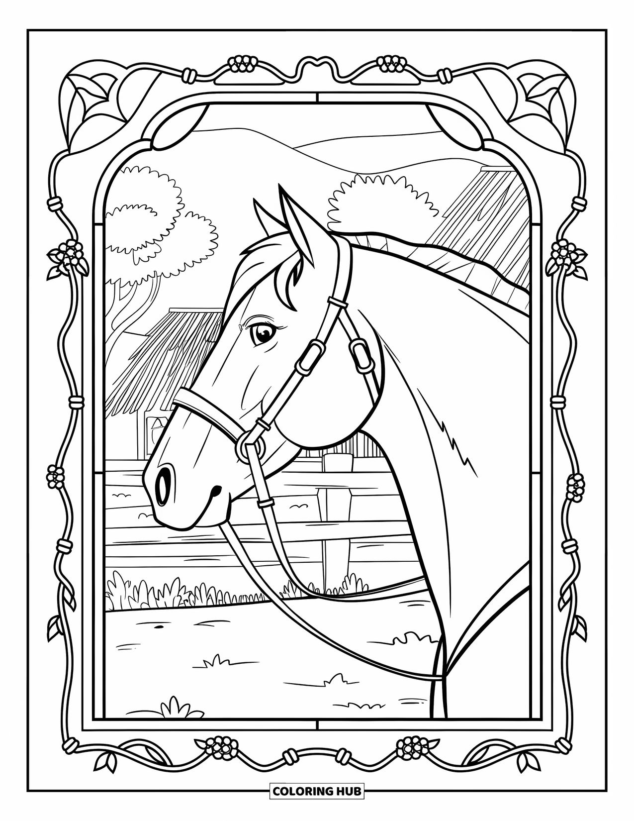 Western Horse Coloring Page for Adults: Horse framed by stained-glass vines near a rustic fence and trees