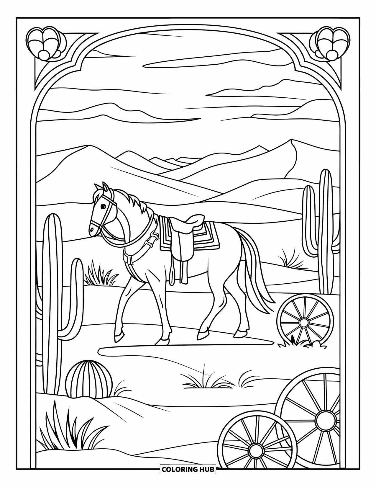 Western Horse Coloring Page for Adults: Horse in a stained-glass desert scene with dunes and mountains