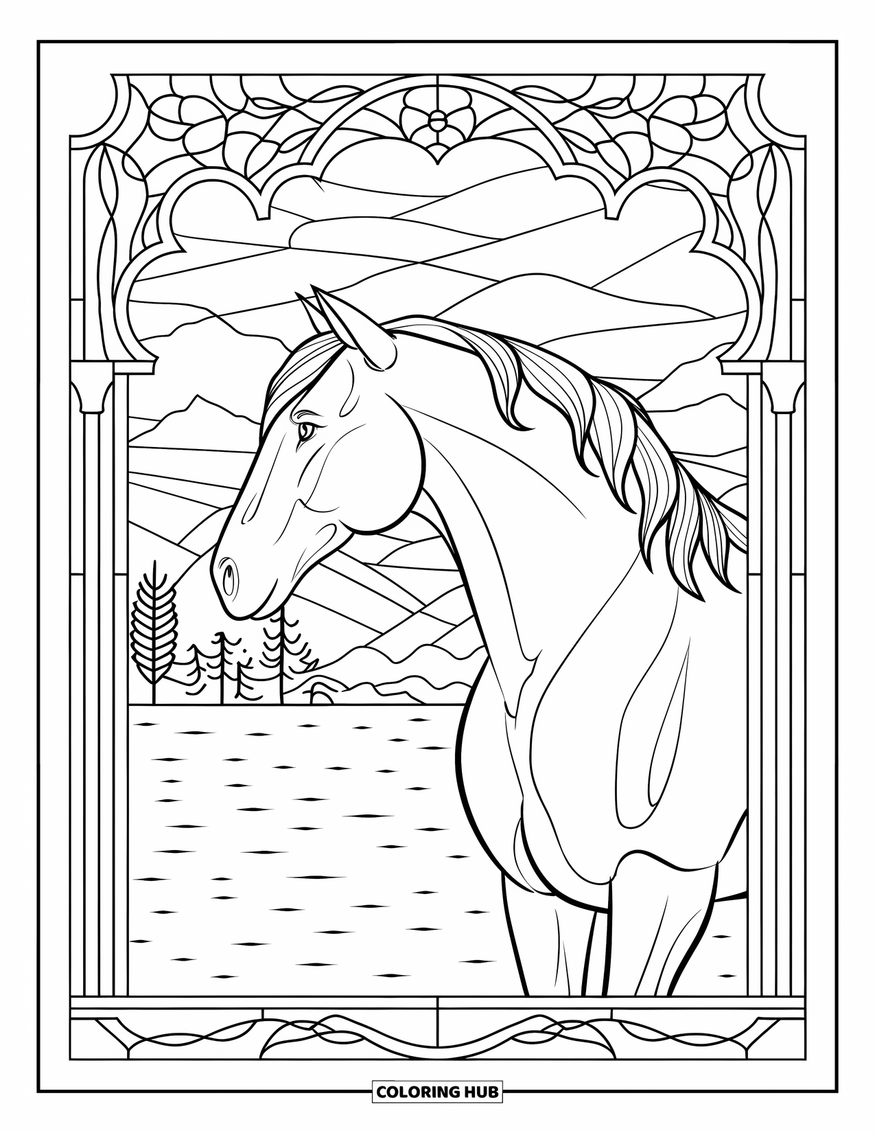 Western Horse Coloring Page for Adults: Horse in profile with a stained-glass border and mountain view