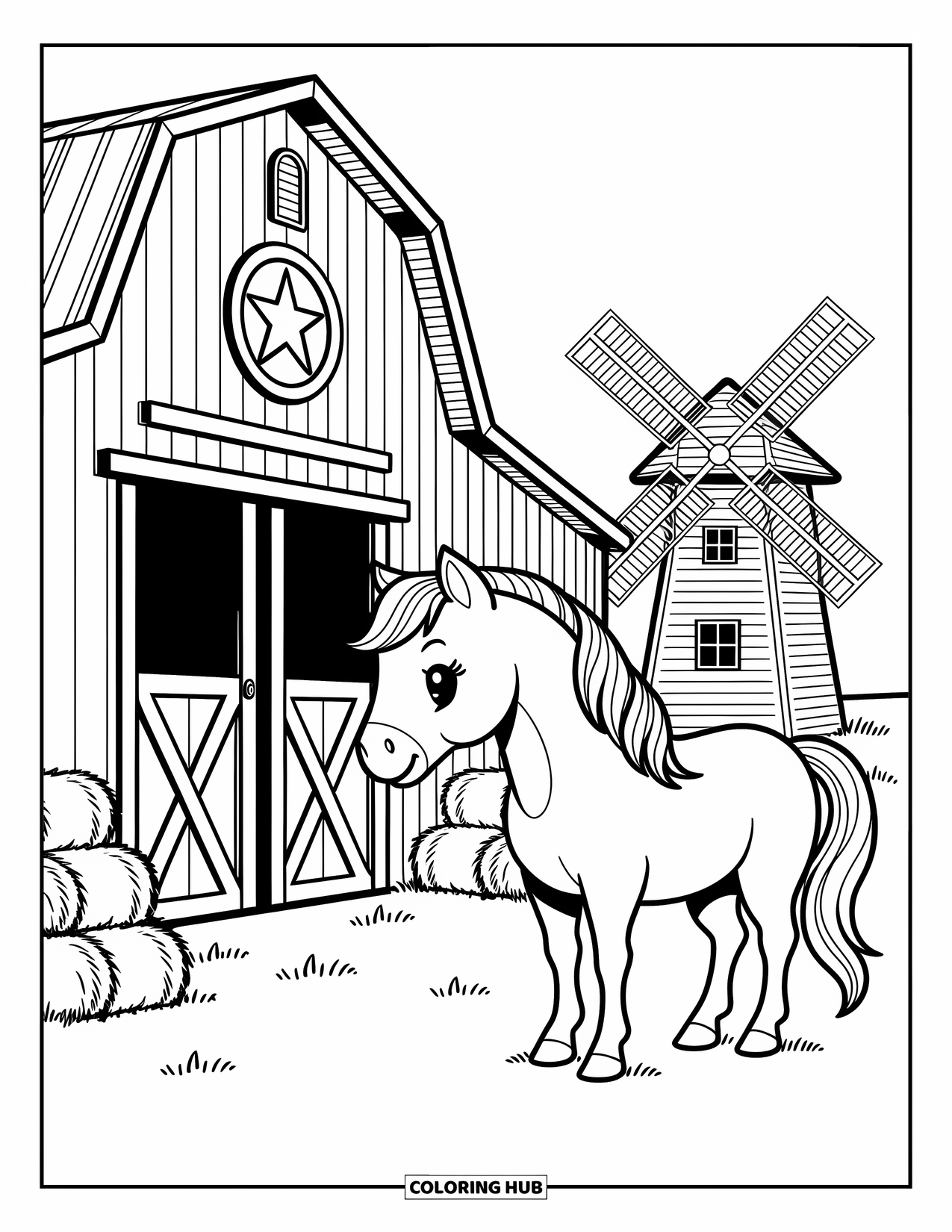 Western Horse Coloring Page for Adults: Horse looking gently toward a barn with hay bales stacked nearby