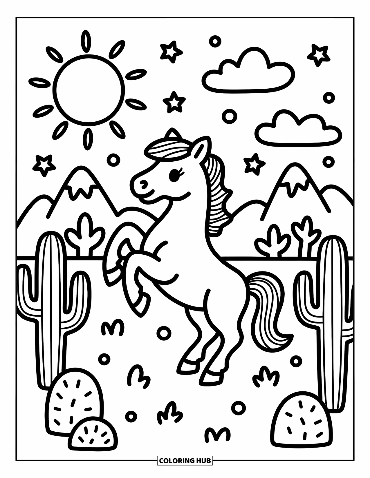 Western Horse Coloring Page for Adults: Horse rearing in a desert with clouds and stars above