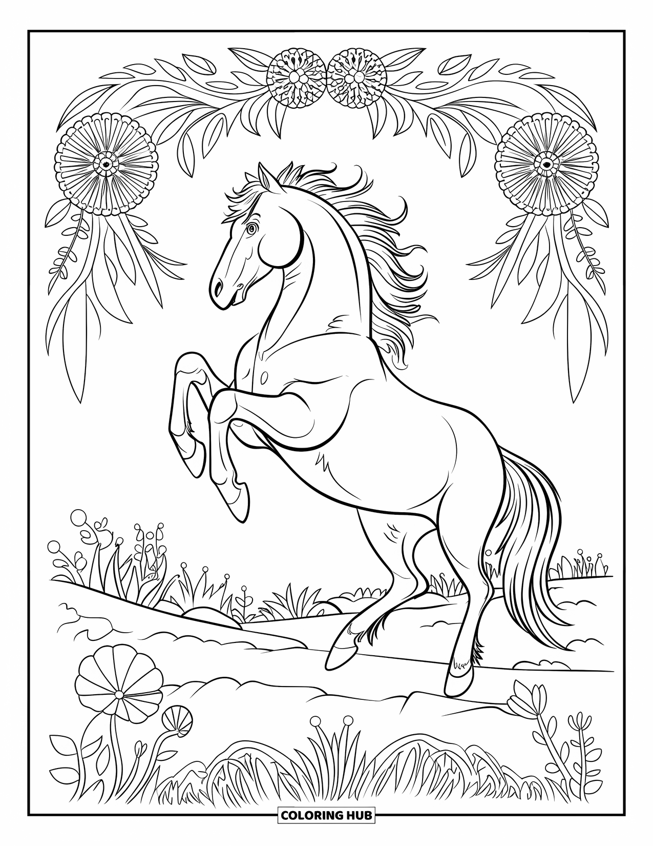 Western Horse Coloring Page for Adults: Horse rearing on rocky terrain framed by botanical mandalas