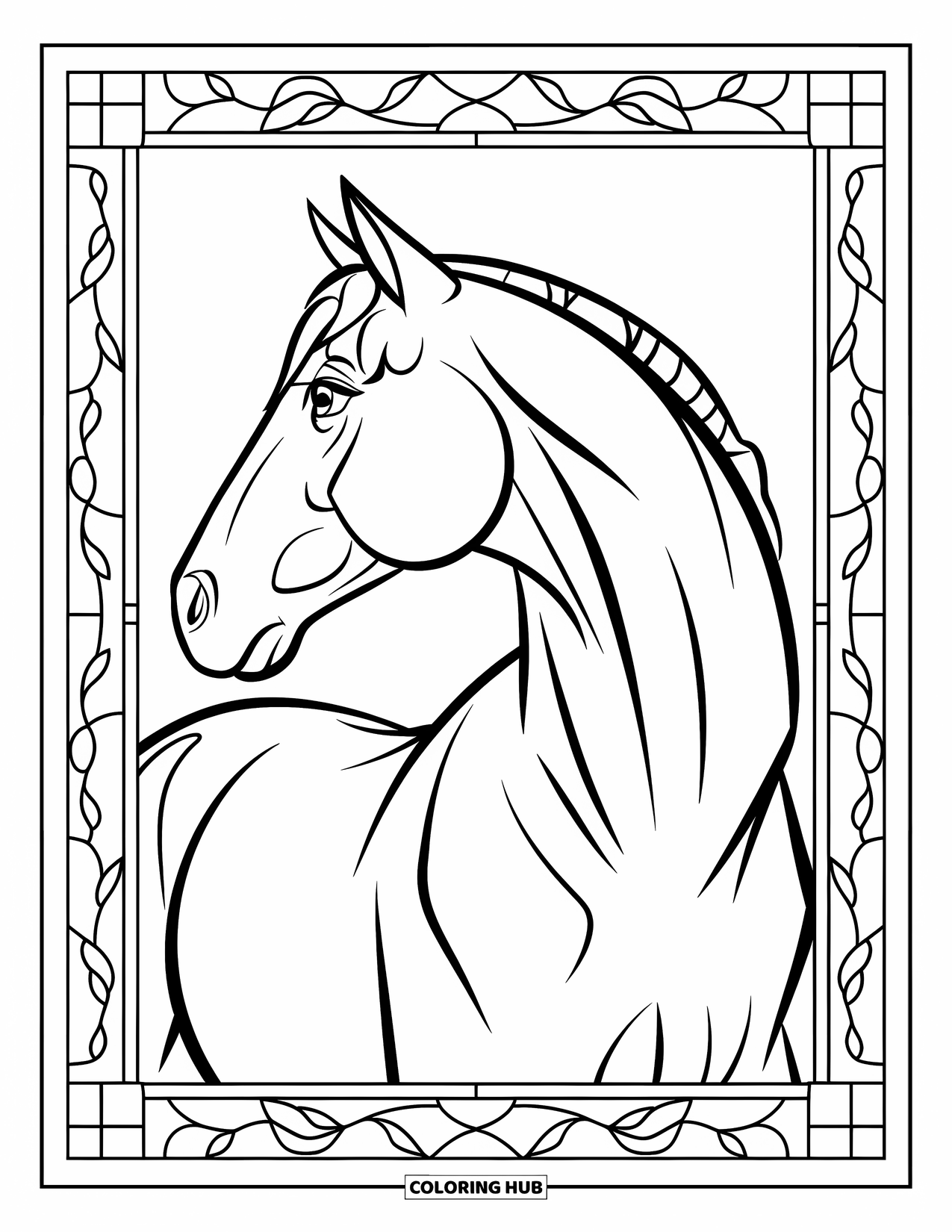 Western Horse Coloring Page for Adults: Horse side profile framed by western stained-glass vines