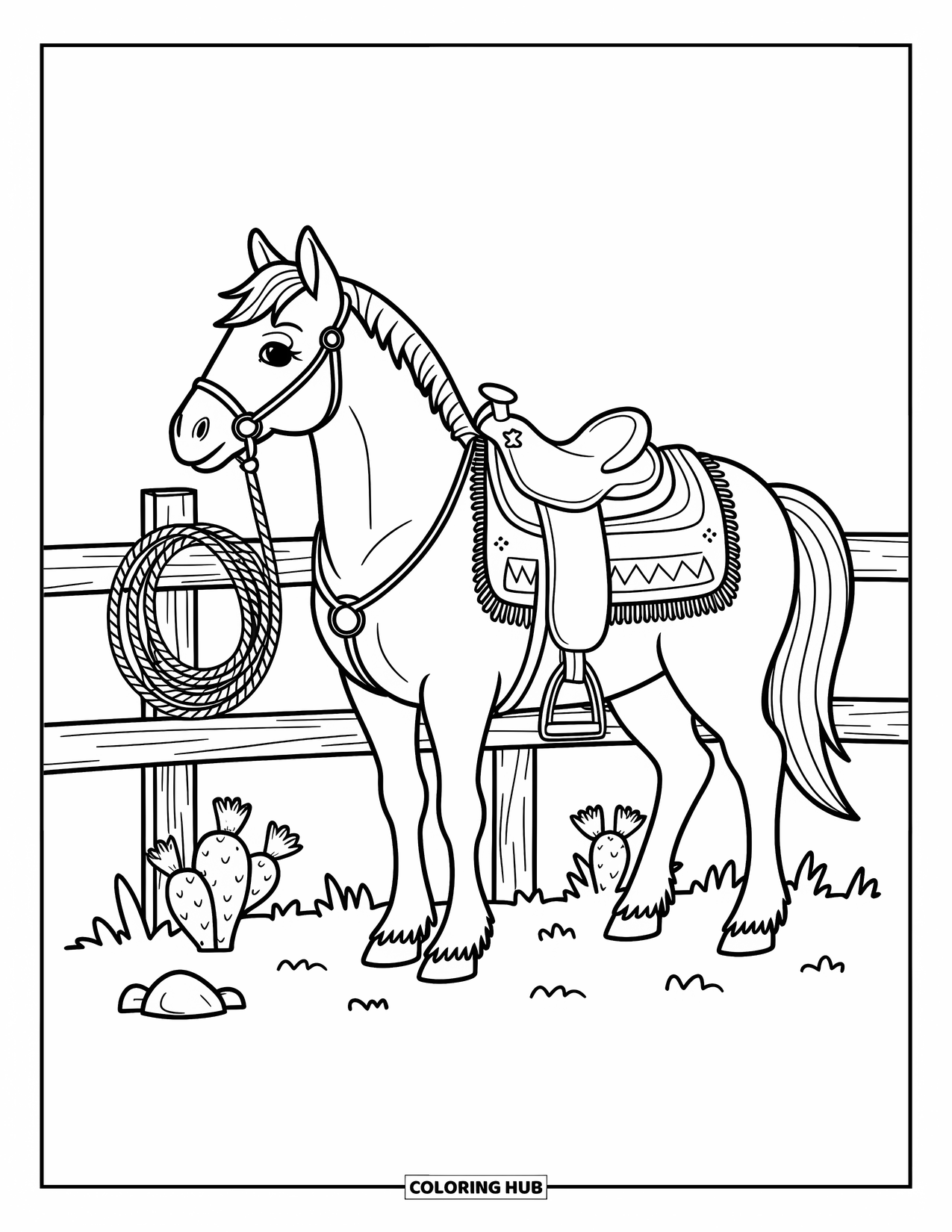 Western Horse Coloring Page for Adults: Horse standing beside a fence with a saddle and lasso
