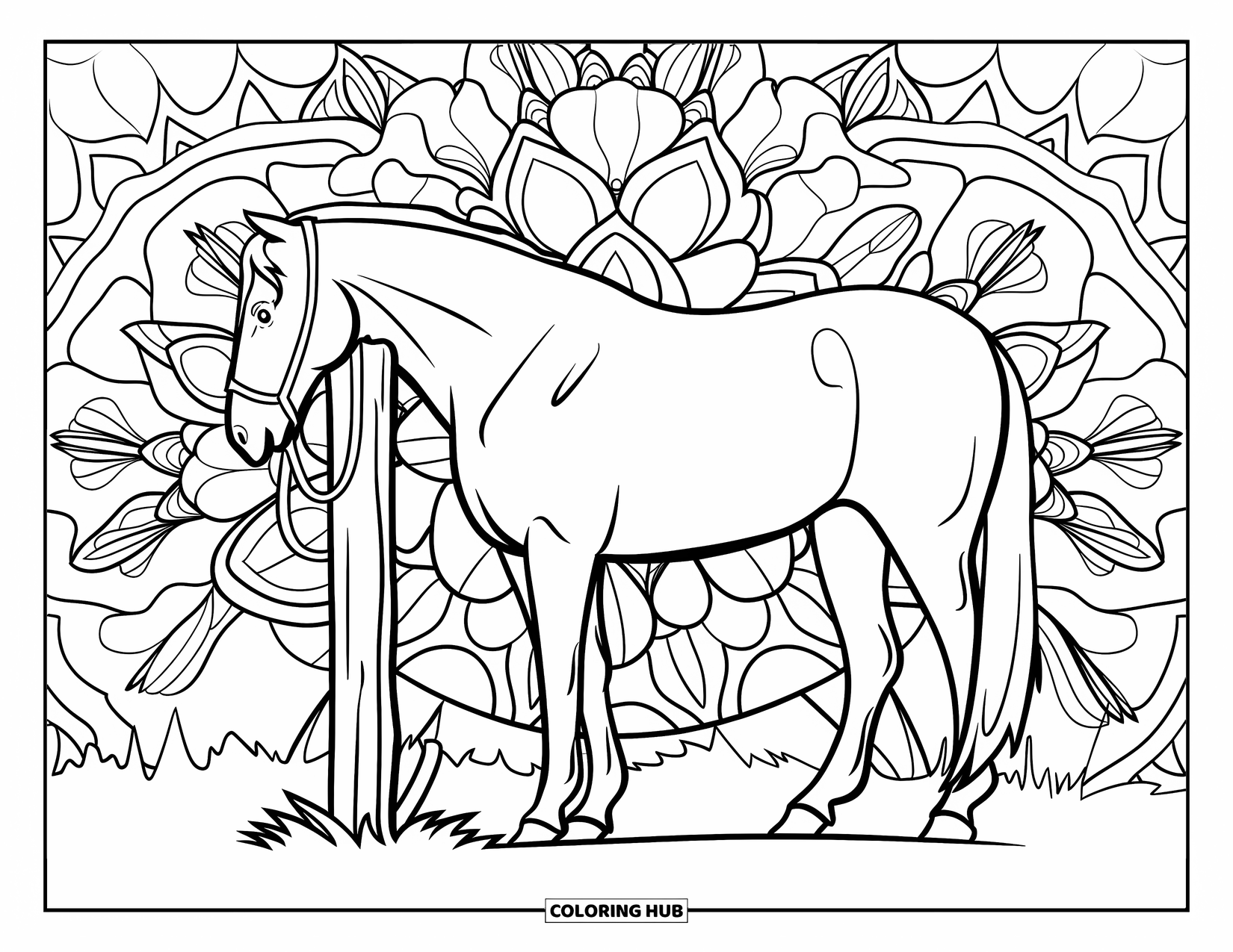Western Horse Coloring Page for Adults: Horse tied to a post surrounded by intricate desert flower mandalas